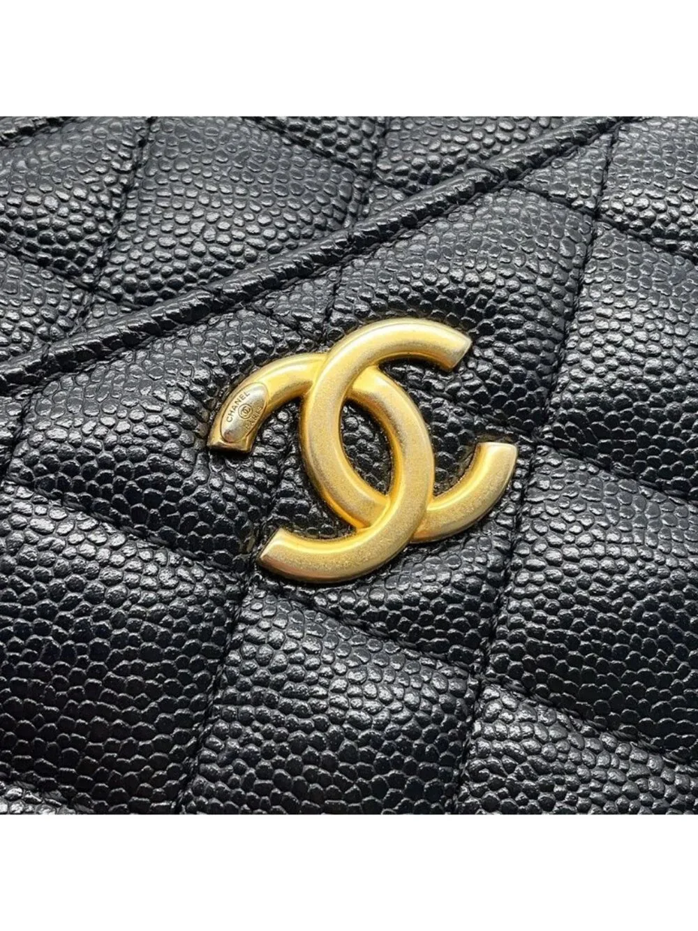 Chanel Chain Shoulder Bag CC Logo Quilted Vanity Top Handle Caviar Leather Black